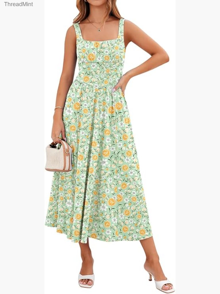Sleeveless Square Neck Midi Sundress With Pockets Flowy A-Line